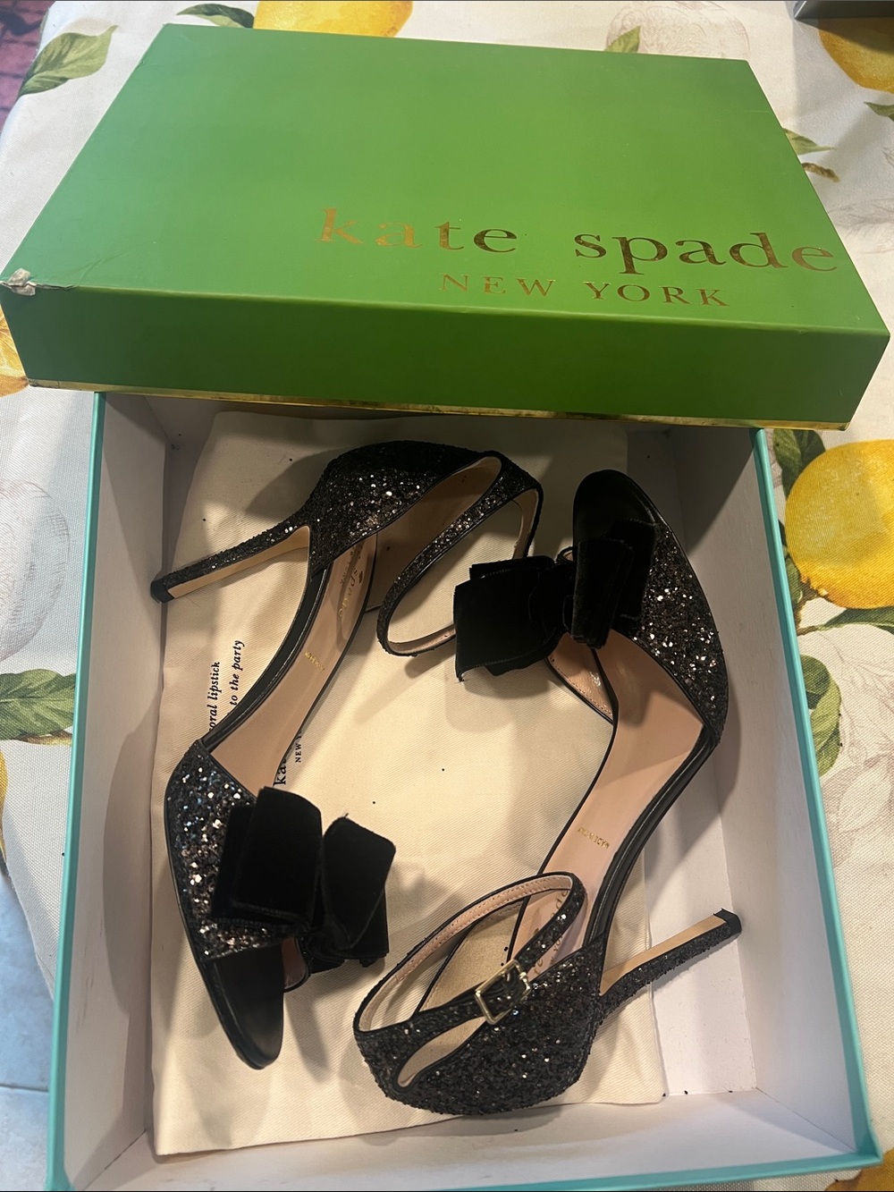 Worn 1x, boxed, dust bag Kate Spade Black Glitter Bow Ankle-Strap Stiletto Heels